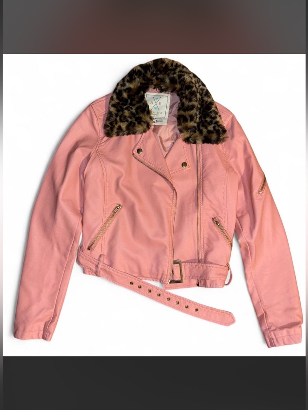 Pink Faux-Leather Jacket with Leopard Faux Fur Collar